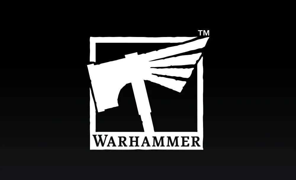 White Warhammer logo on black background with stylized figure and text