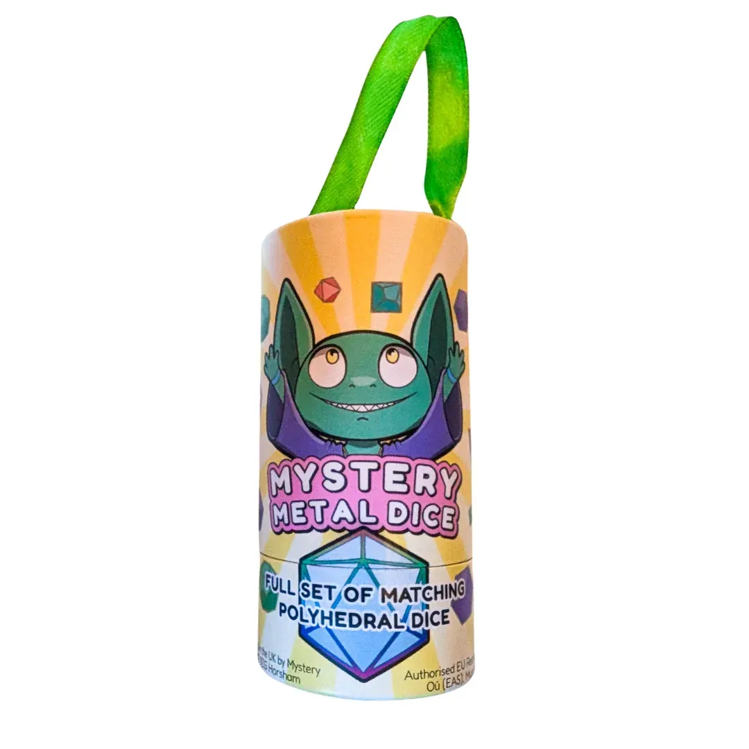 Mystery metal dice set in a colorful tube with a green carry loop and cartoon character label