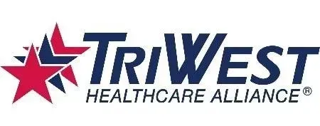 The triwest healthcare alliance logo has a red , white and blue star on it.