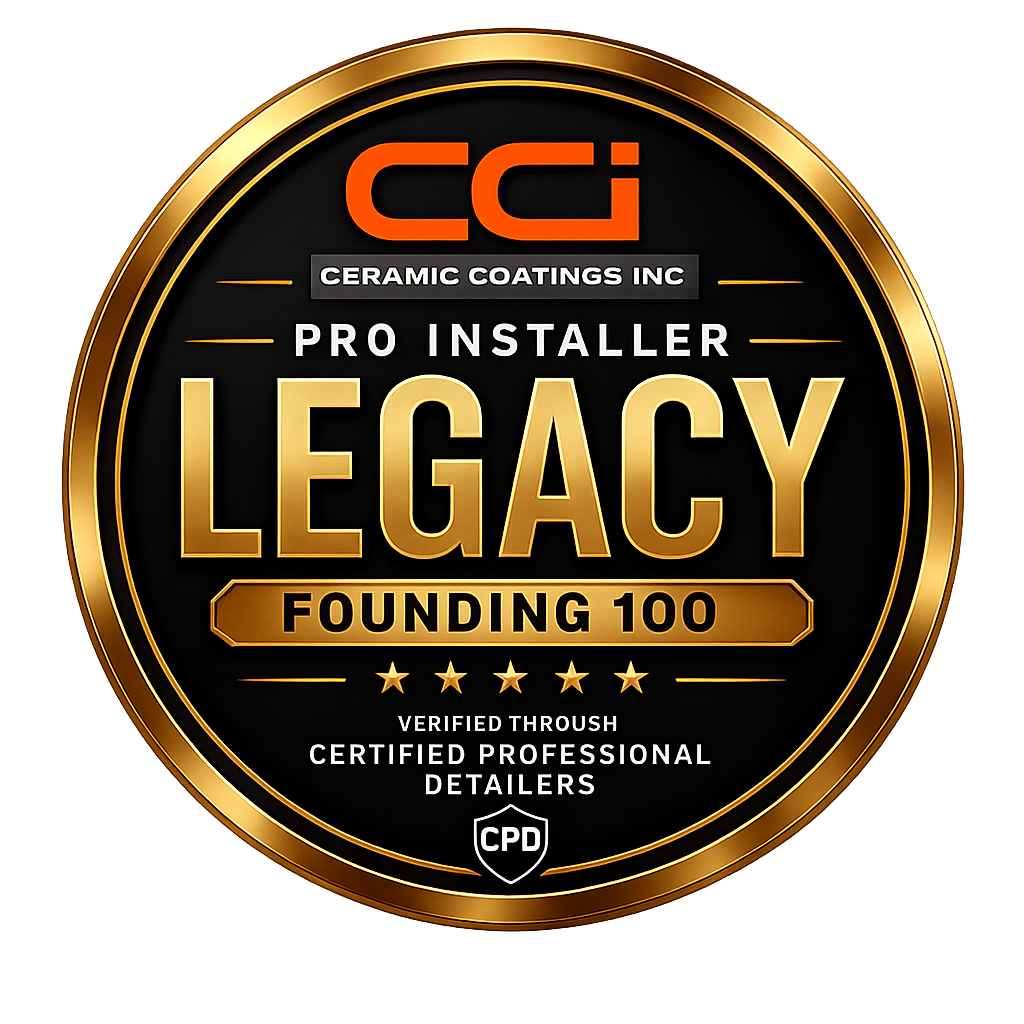 Gold-and-black circular Legacy Founding 100 badge for CCI Ceramic Coatings Inc., Pro Installer and CPD certified detailers