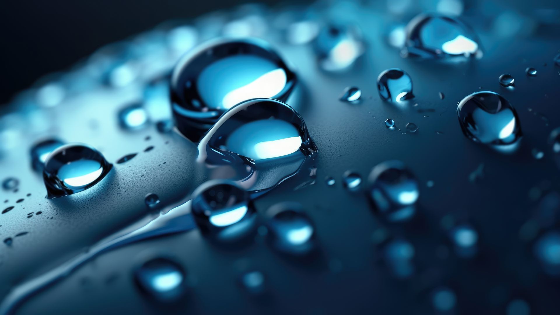 Close-up of blue water droplets on a reflective, metallic surface.