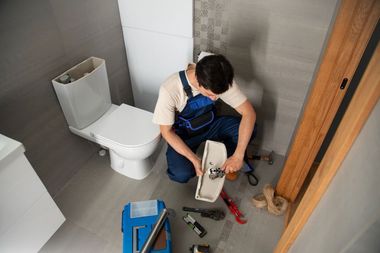 Worker kneeling in a bathroom, repairing a sink with tools scattered on the floor.