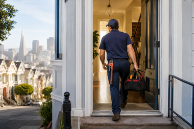 Worker carrying tools walks into a house through an open doorway, with city buildings visible outside.