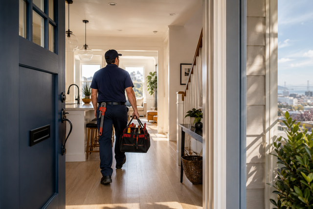 Person carrying tool bags walks into a bright hallway through an open front door.