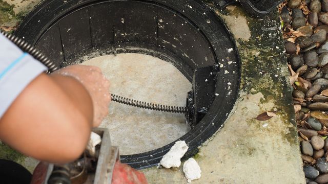 Person cleaning a black circular drain or pipe opening filled with murky water and debris