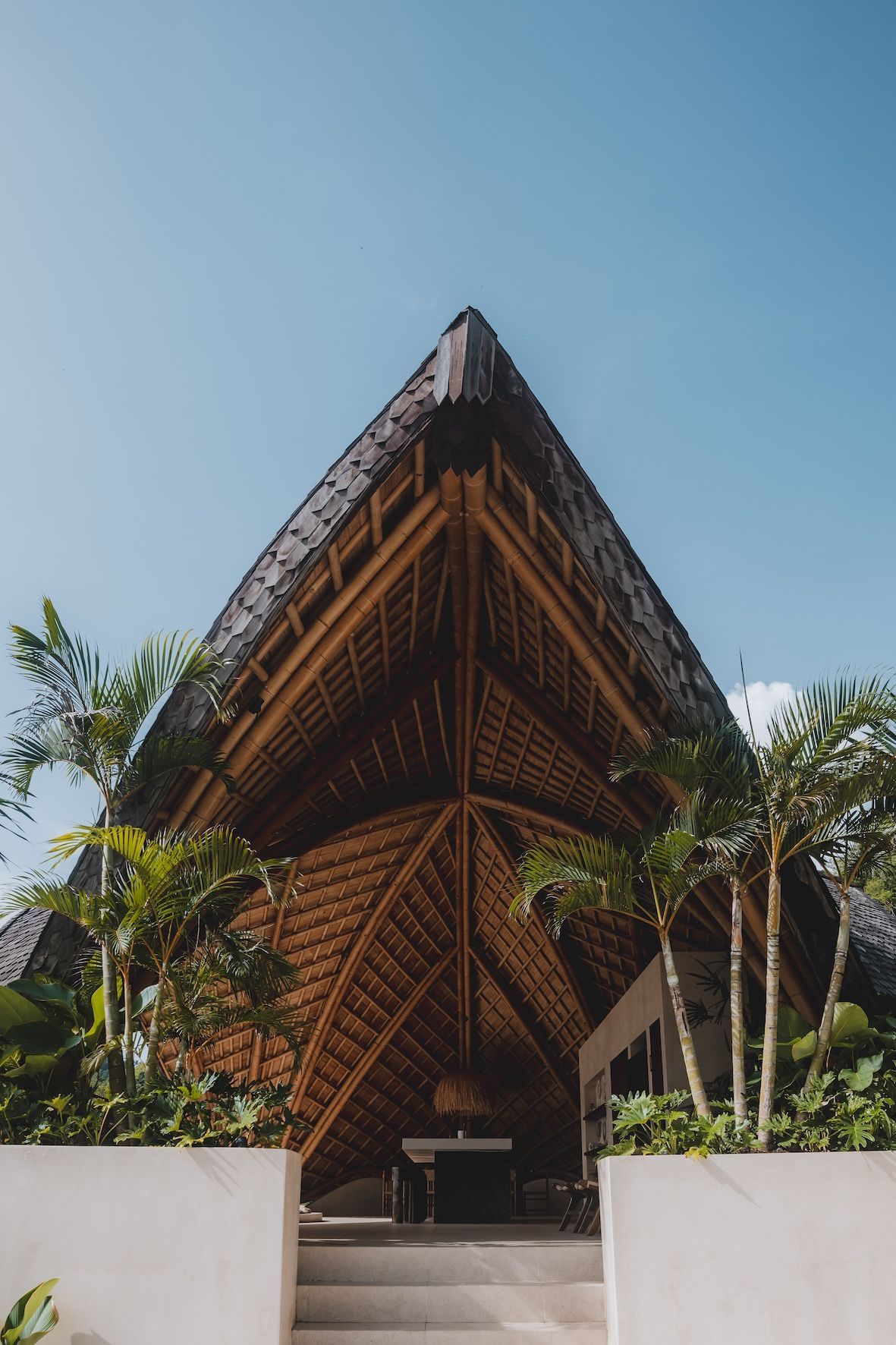 Thatched A-frame entrance with bamboo facade, framed by palm trees under a clear blue sky