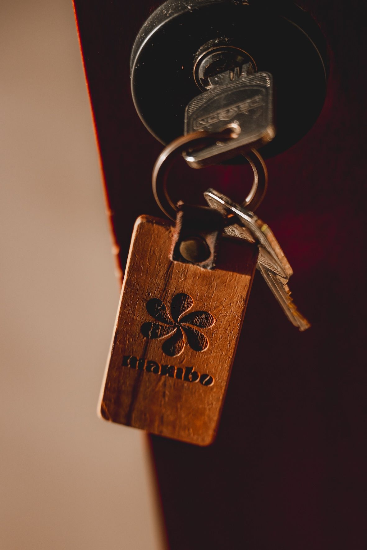 Close-up of a keychain with a wooden tag and metal key ring hanging on a door lock.