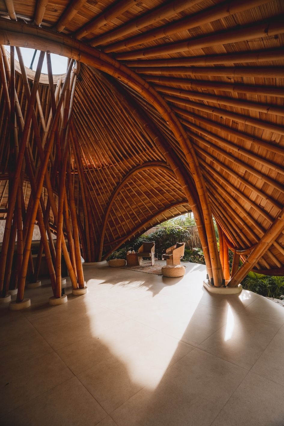 Curved bamboo pavilion with arched beams, sunlit floor, and potted plants in a tropical setting