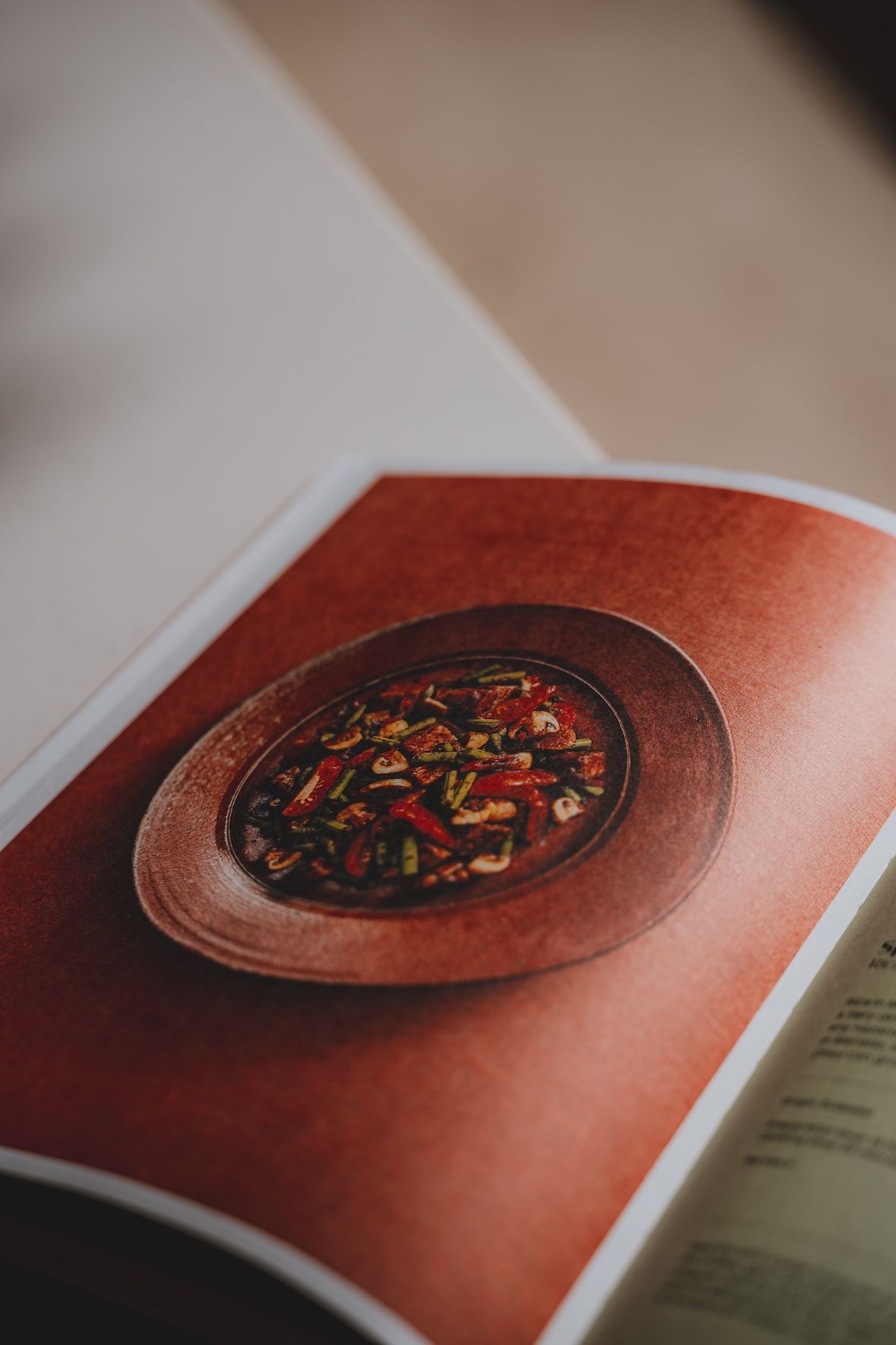 A magazine page showing a plated dish on an orange background