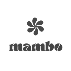 Black floral logo above the word “mambo” in stylized lowercase text on a white background