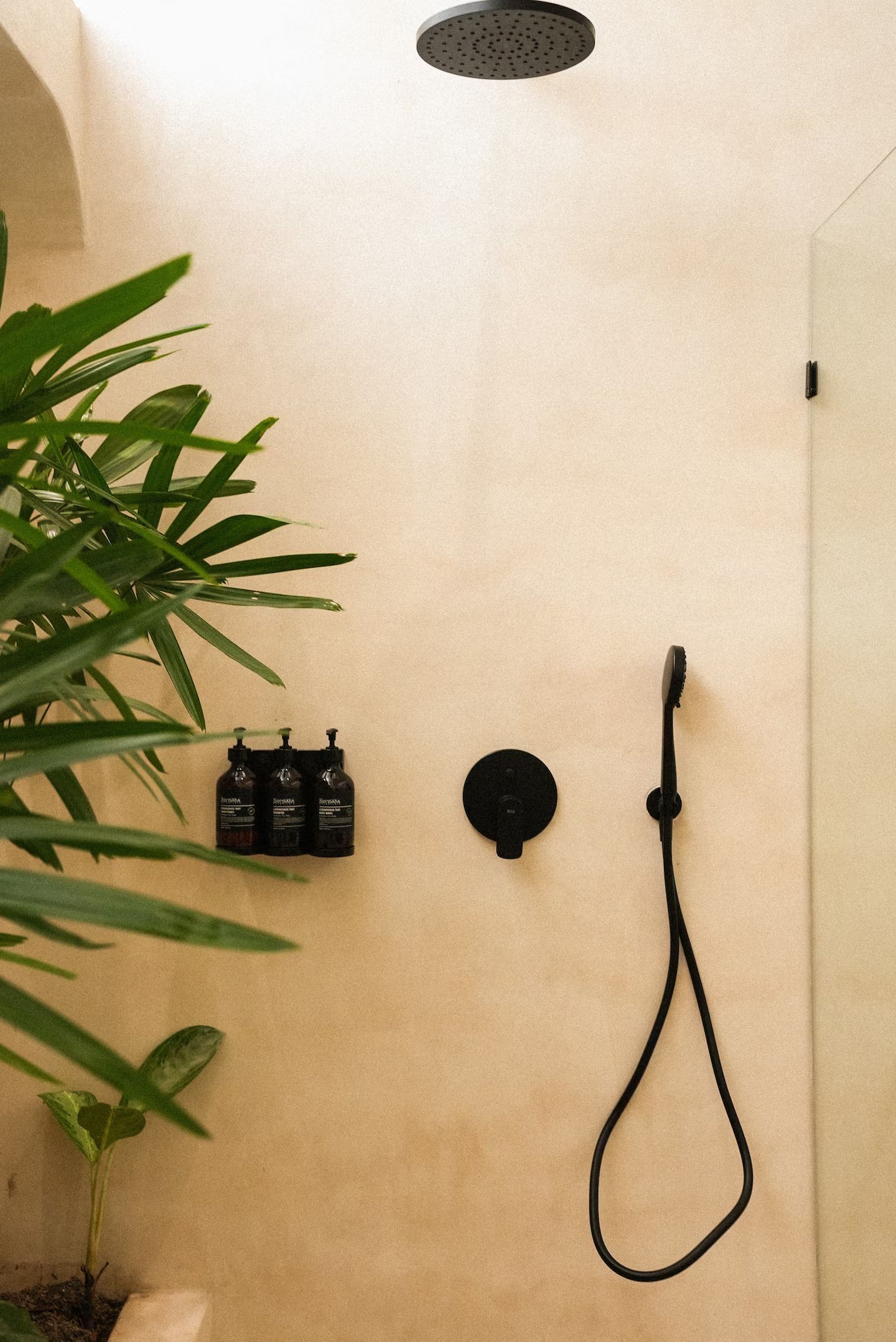Shower area with white wall, black fixtures, overhead showerhead, and a hanging handheld shower hose.