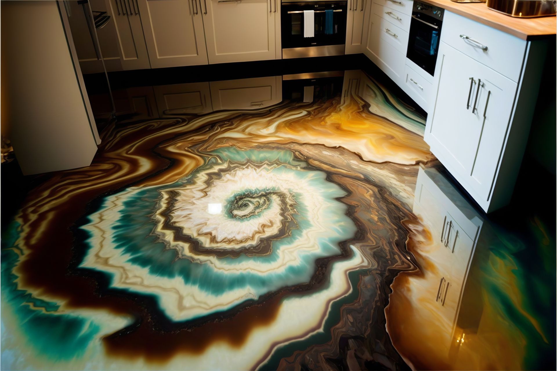 Epoxy kitchen floor with a swirling, agate-like design in shades of brown, teal, and gold. Epoxy kitchen floor with a swirling, agate-like design in shades of brown, teal, and gold.