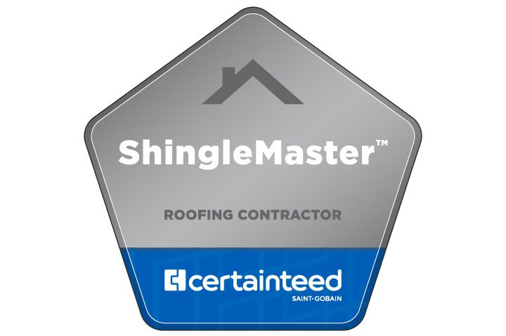 Gray and blue ShingleMaster roofing contractor badge with CertainTeed logo