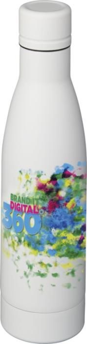 A white bottle with a colorful design on it.