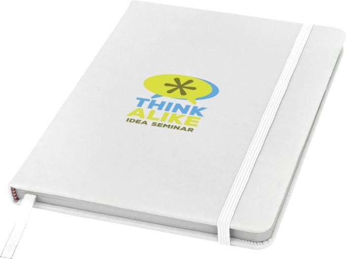 A white notebook with a logo on it that says `` think alike ''.