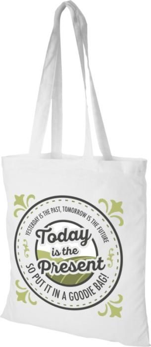 A white tote bag that says today is the present