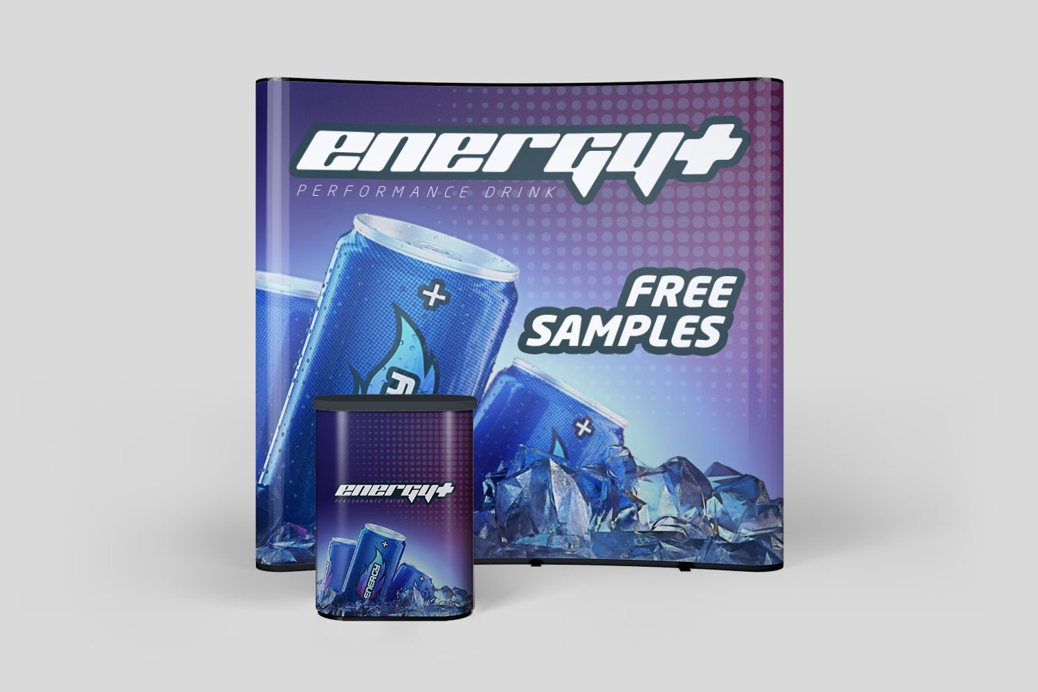 A display with a can of energy drink on it.