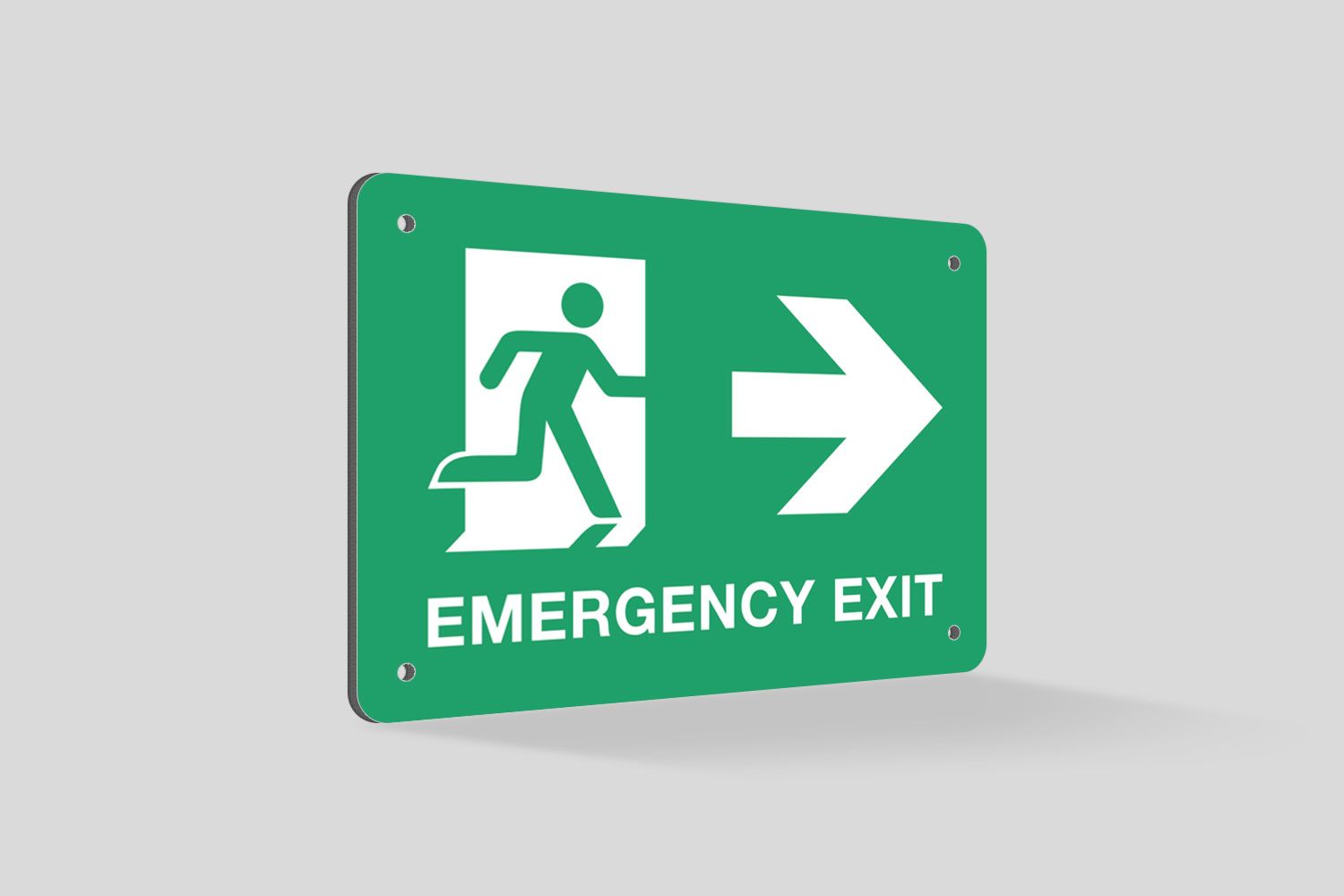 A green emergency exit sign with a man running out of a door.