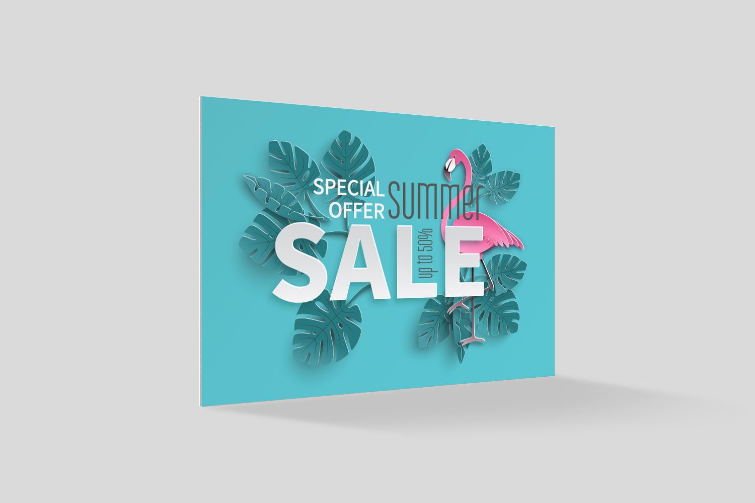 A blue sale card with a flamingo and leaves on it.