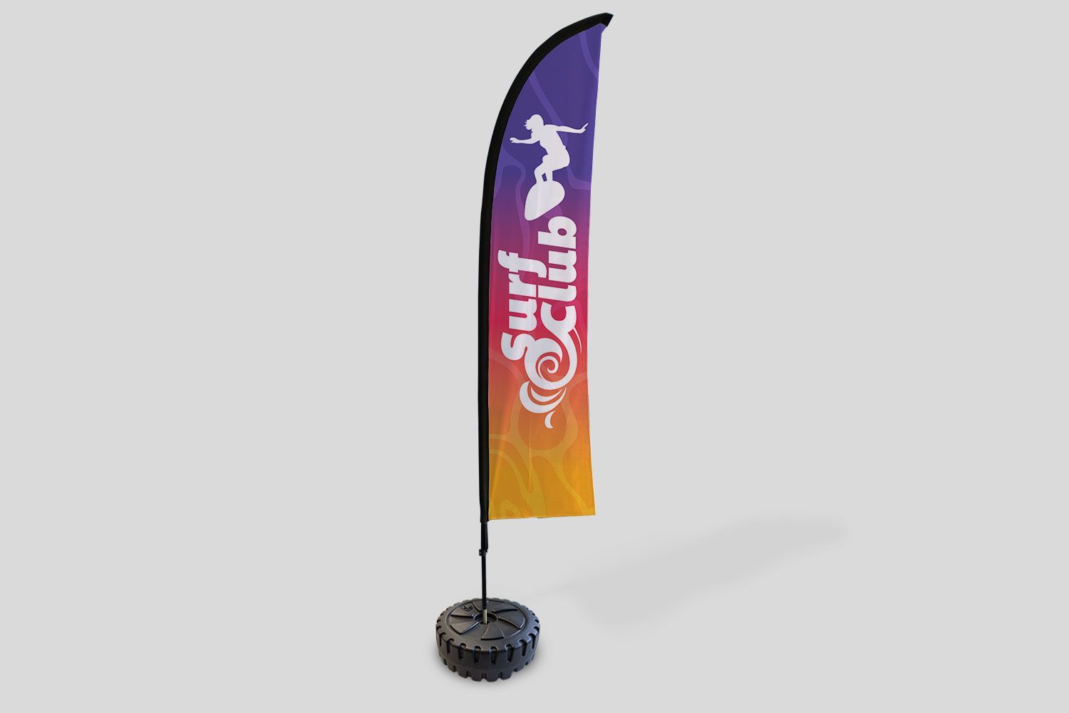 A colourful feather flag with the words surf club on it.