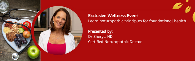 Event banner Woman in red top, stethoscope, healthy food, red background, text 