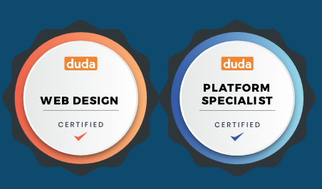 Two Duda certifications: Web Design (orange) and Platform Specialist (blue).