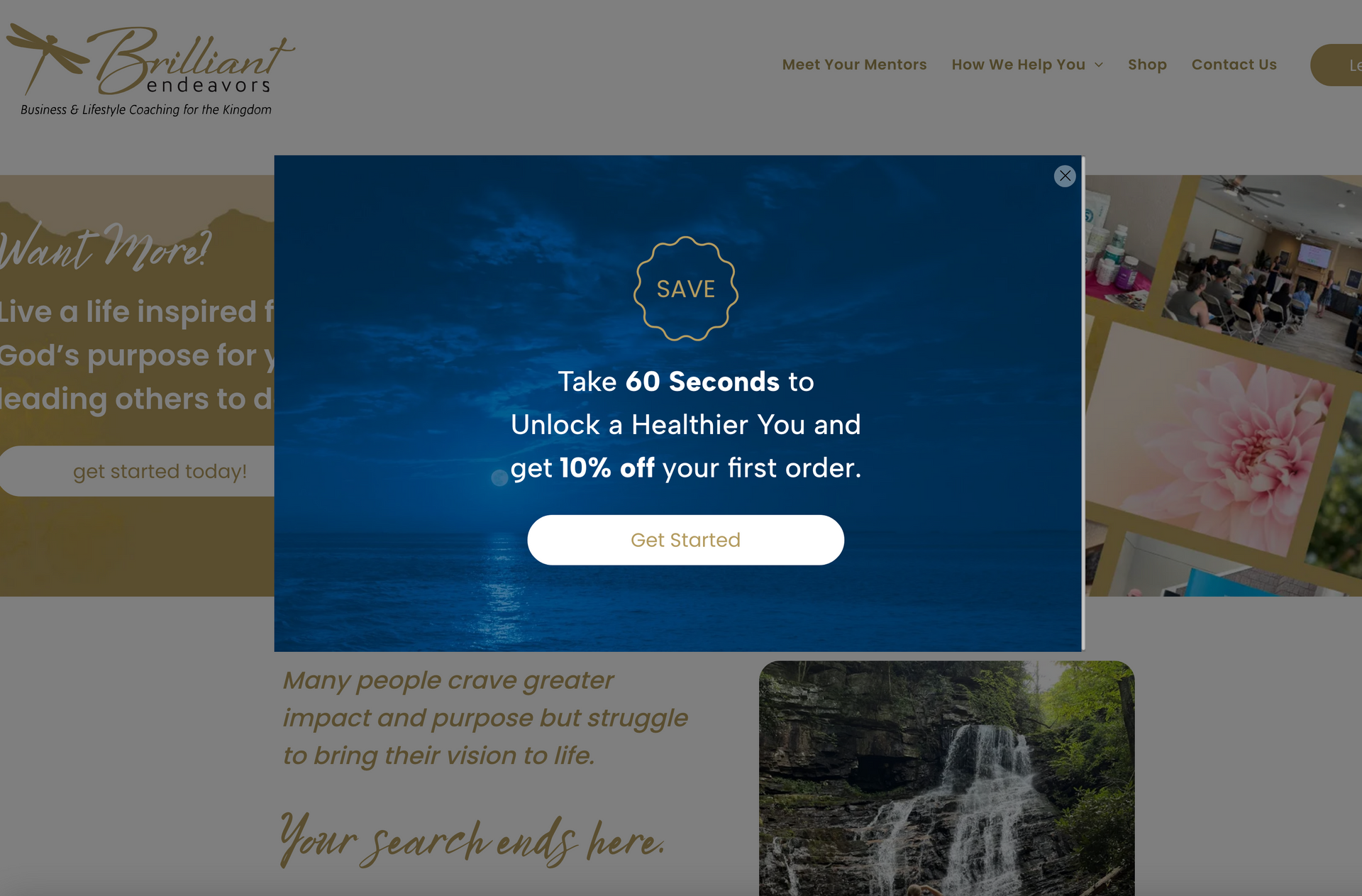 Website with a pop-up offering 10% off for subscribing. Dark blue background, white text.