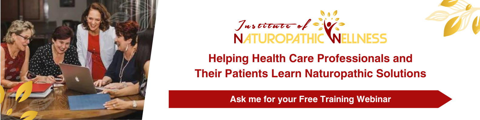 People gathered around a table with a laptop. Text promoting naturopathic solutions and a free training webinar.