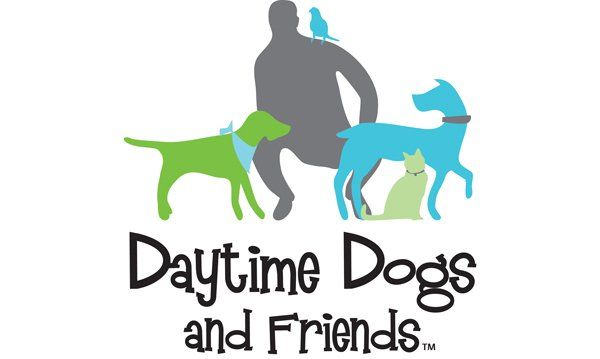 Logo: Silhouetted person with a bird, two dogs, and a cat; green and blue.