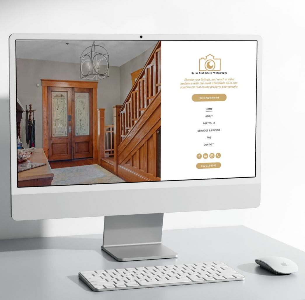Computer screen displaying a real estate listing with an entryway photograph and contact information.