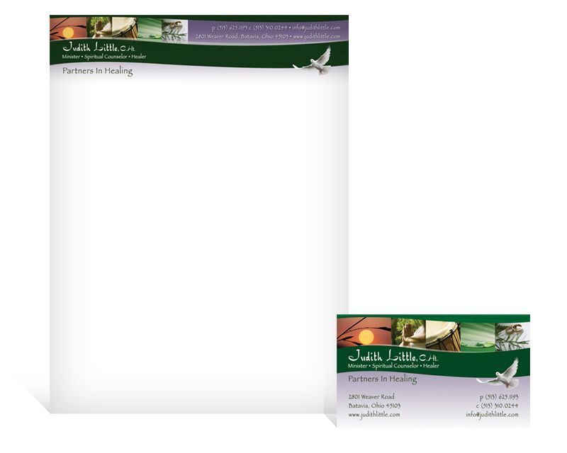 Letterhead and business card with green, purple accents, and a dove logo.