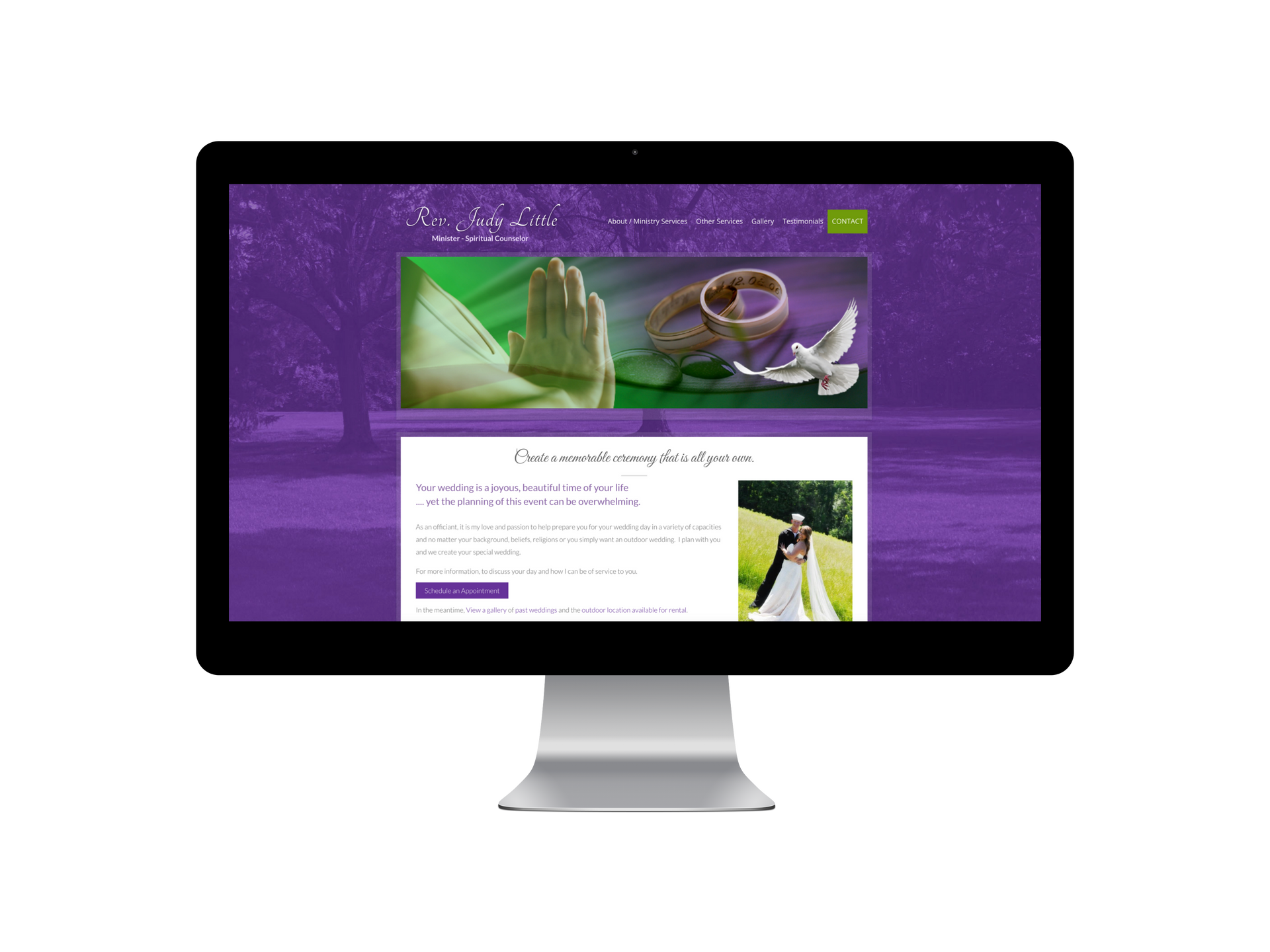Website homepage on a computer screen featuring wedding elements, purple background, couple's photo.