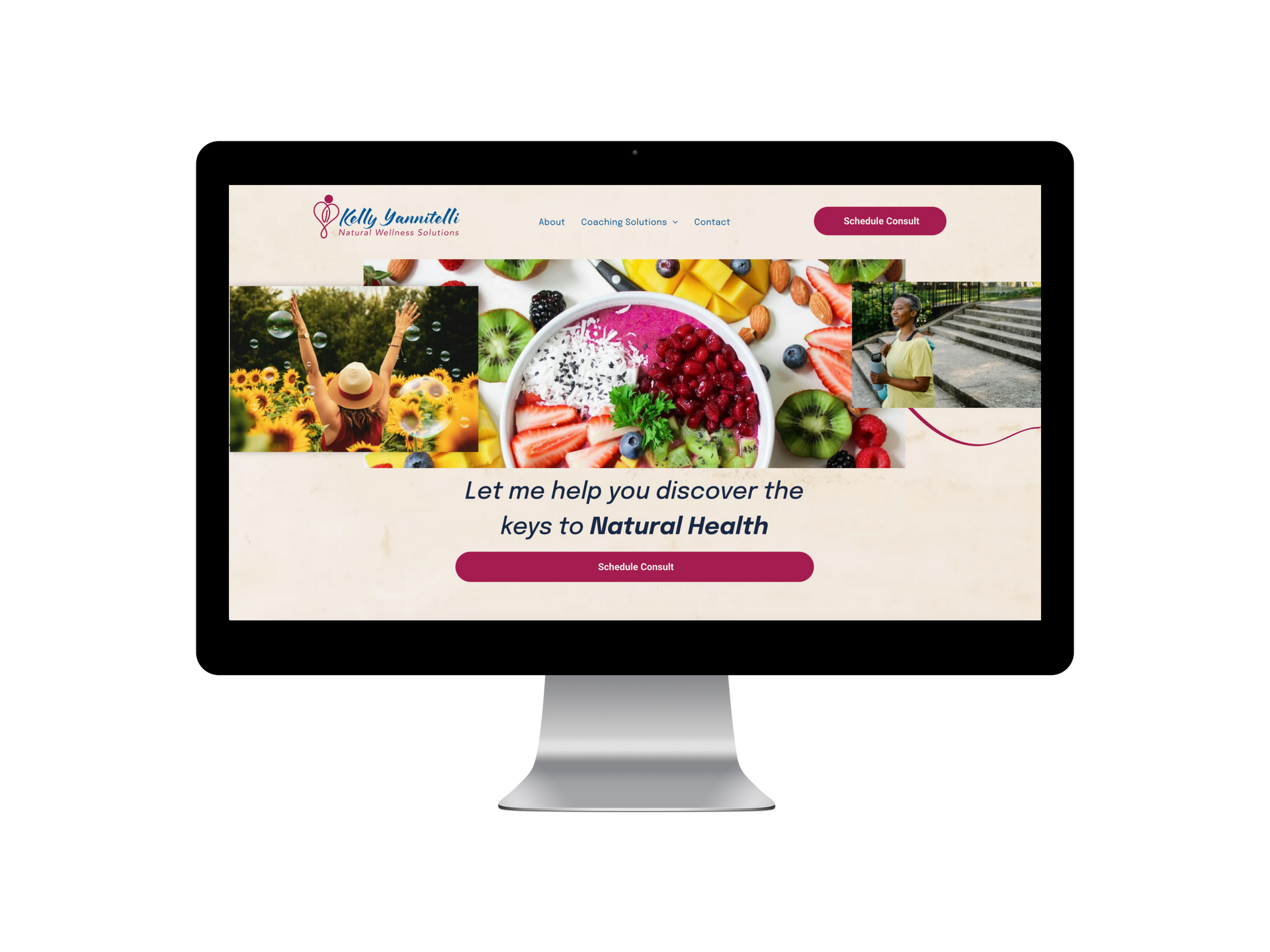 Website promoting natural health on a desktop screen; food and people imagery, maroon accents.