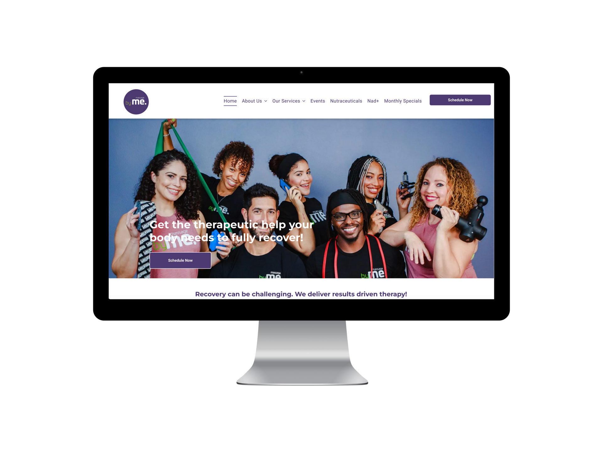 Website homepage on a computer screen featuring a group of smiling people with workout gear, purple and white branding.