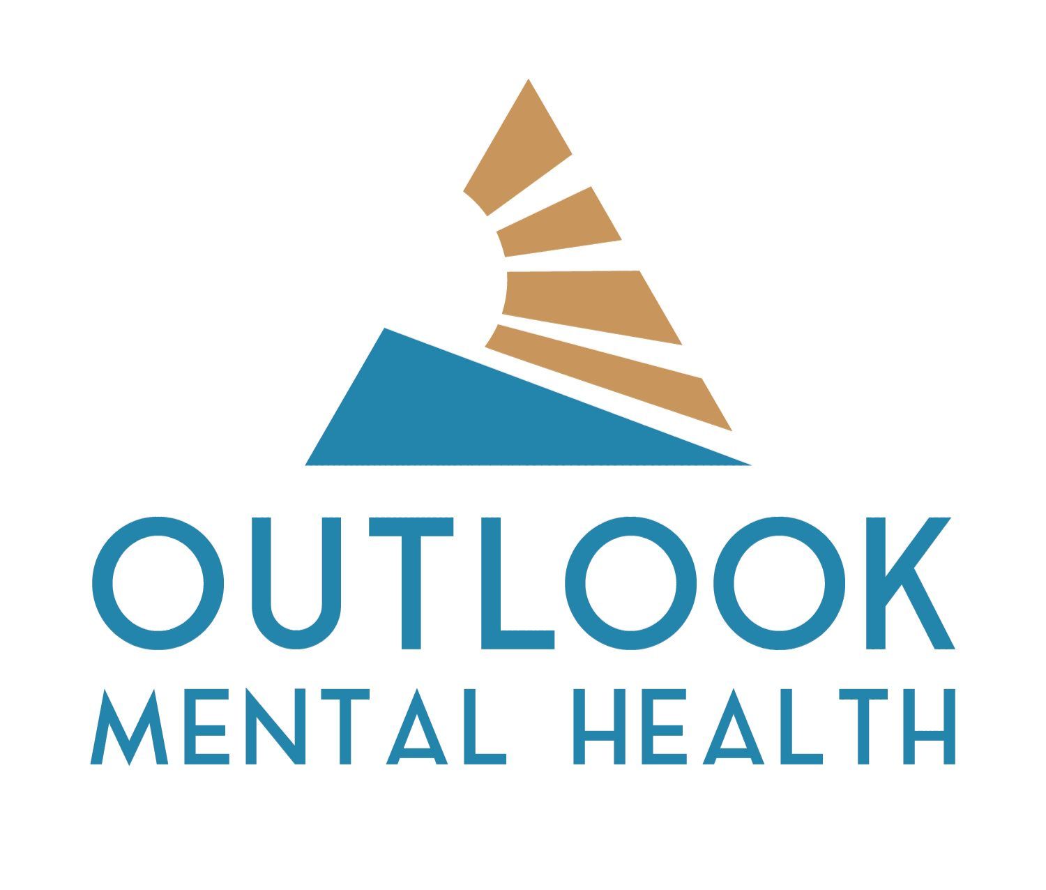 Logo for Outlook Mental Health. Teal triangle base with brown stepped arc; text: Outlook Mental Health in teal.