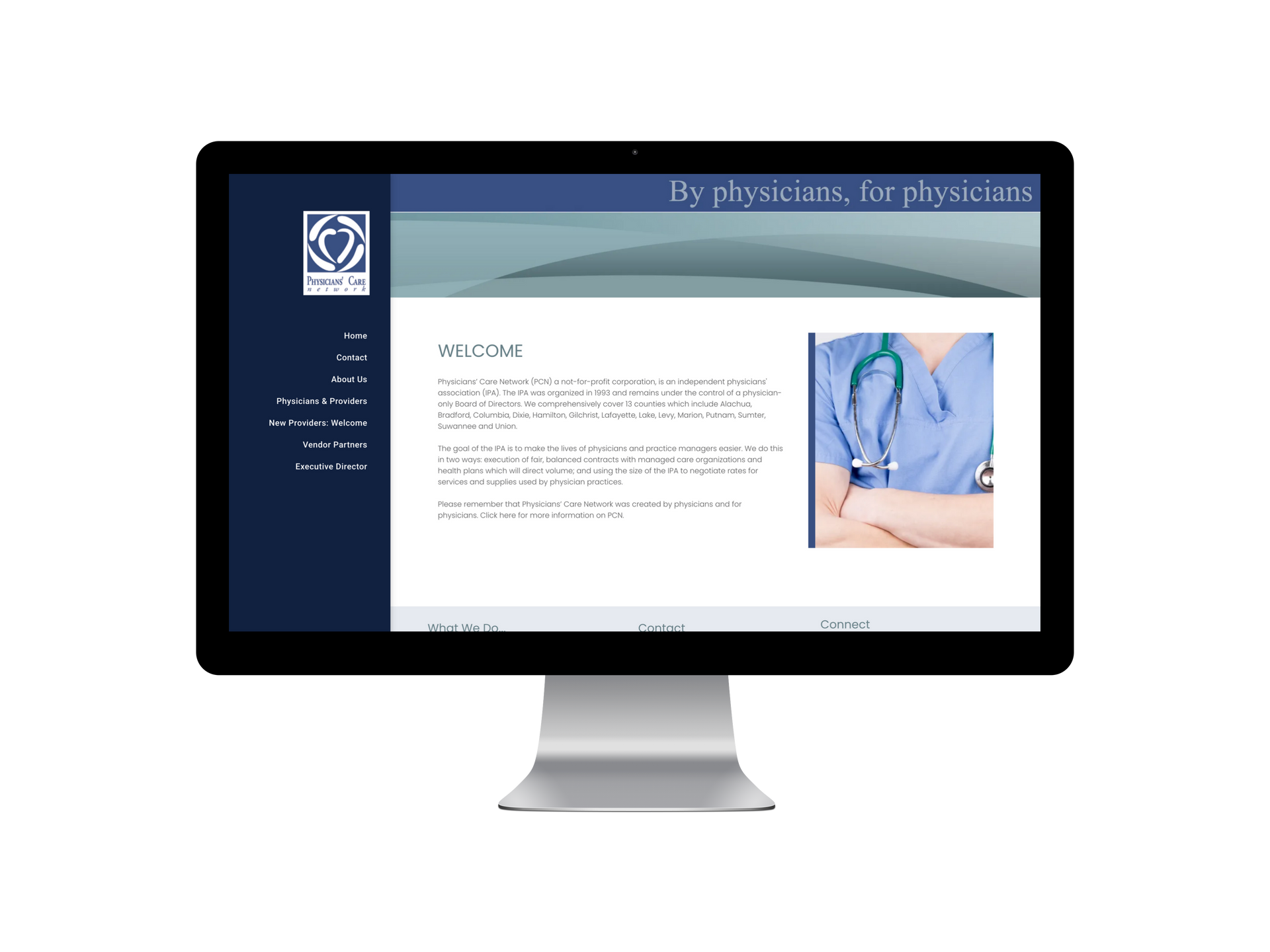 Computer screen displaying a webpage with medical content and a photo of a doctor.
