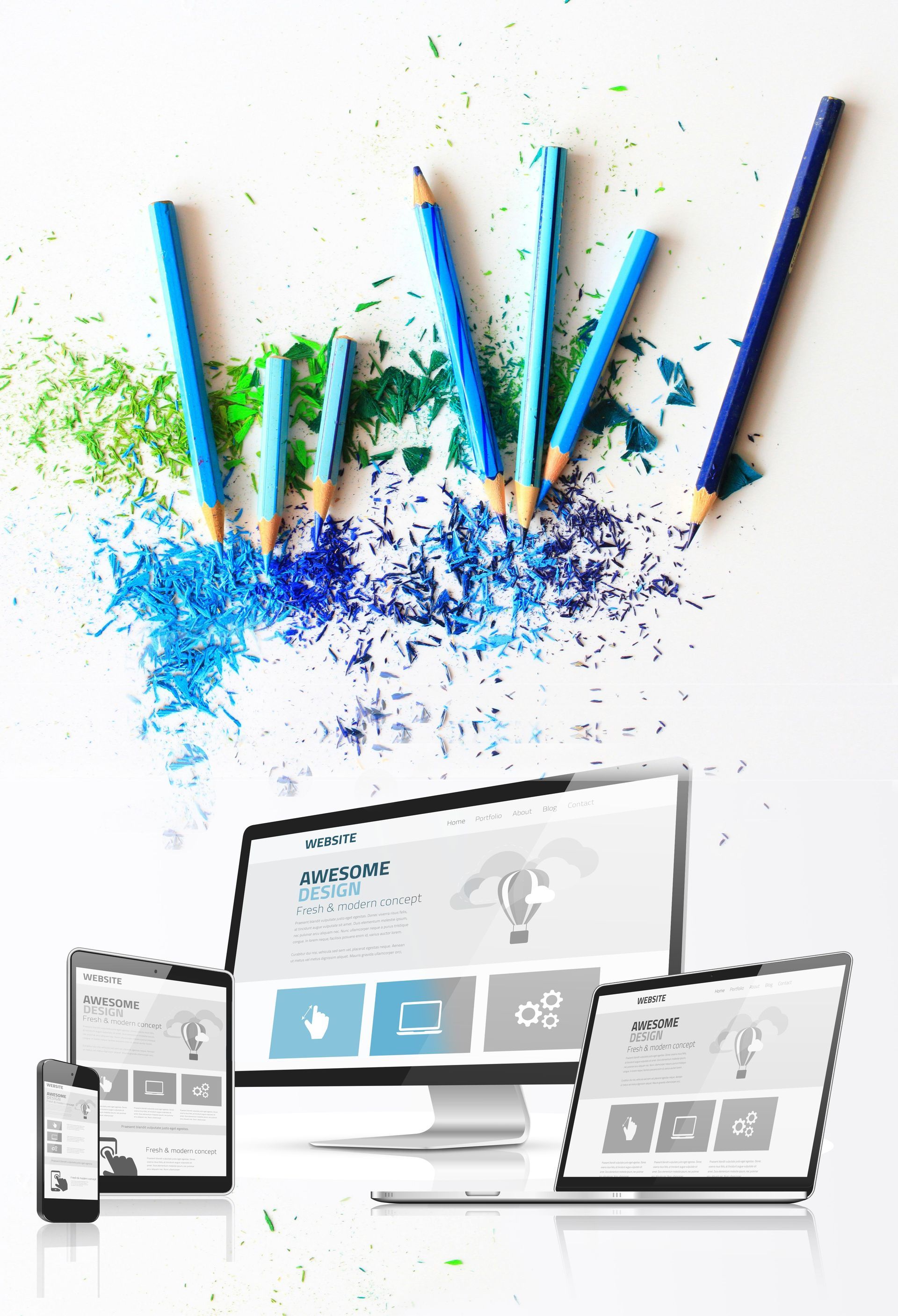 Pencils with blue shavings above digital devices showcasing a website interface.