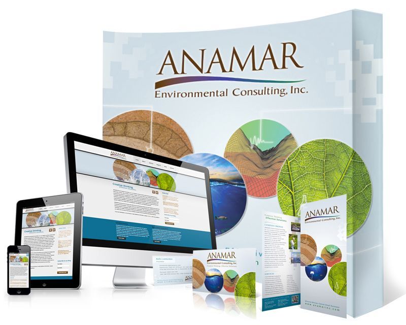 Anamar Environmental Consulting, Inc. display: website on devices, backdrop with soil cross-sections, brochures, and logo.