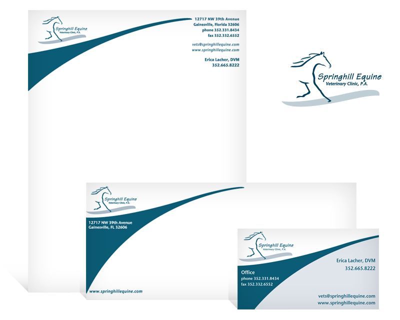 Stationery set for Springhill Equine, logo with horse. Teal accents on letterhead, envelope, and business card.
