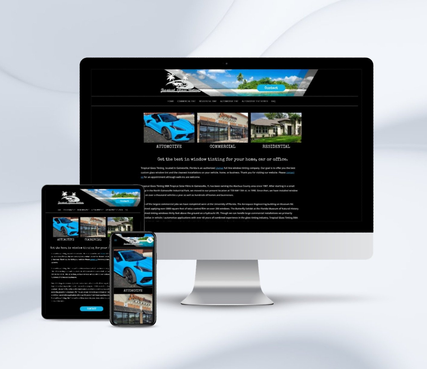 Website on computer, tablet, and phone; black background, blue car, houses, with logo; responsive design.