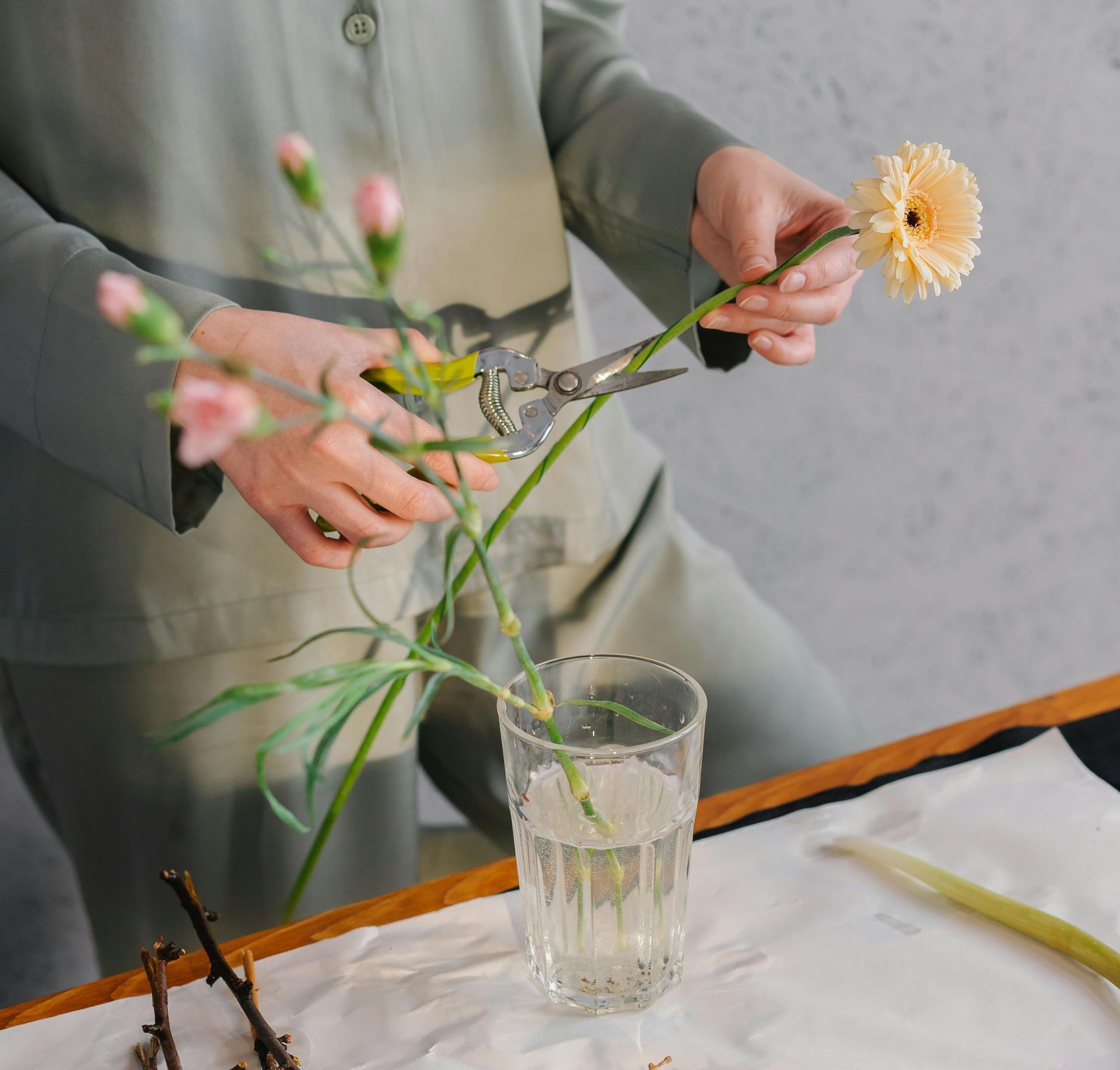 Una persona con una camicia verde salvia usa le forbici per tagliare lo stelo di un fiore giallo pallido tenuto sopra un bicchiere d'acqua.