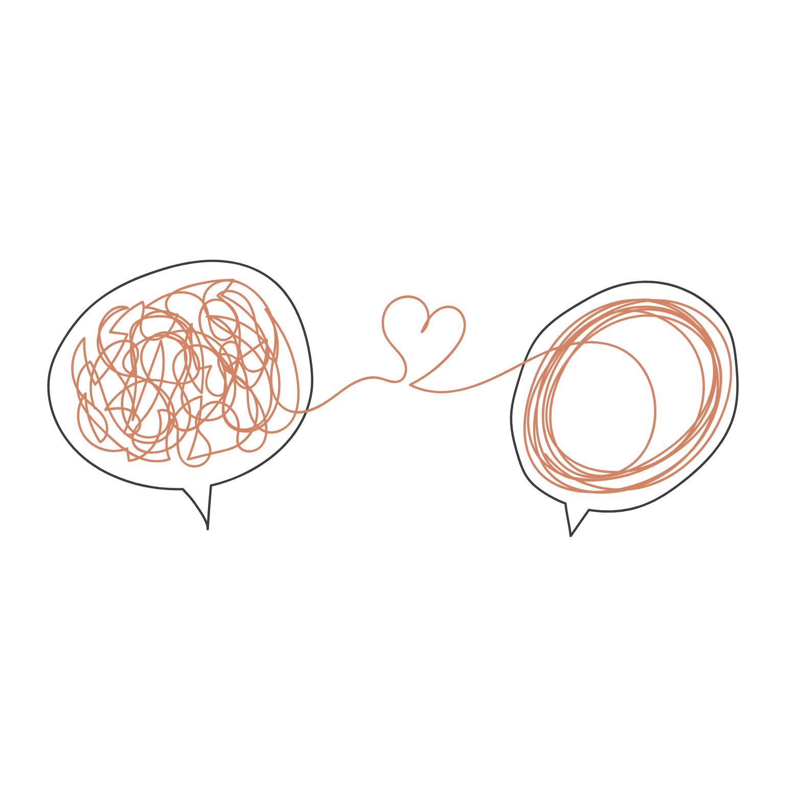 Due fumetti con linee arancioni caotiche, collegati da una forma a cuore, che rappresentano una comunicazione intricata e l'amore.