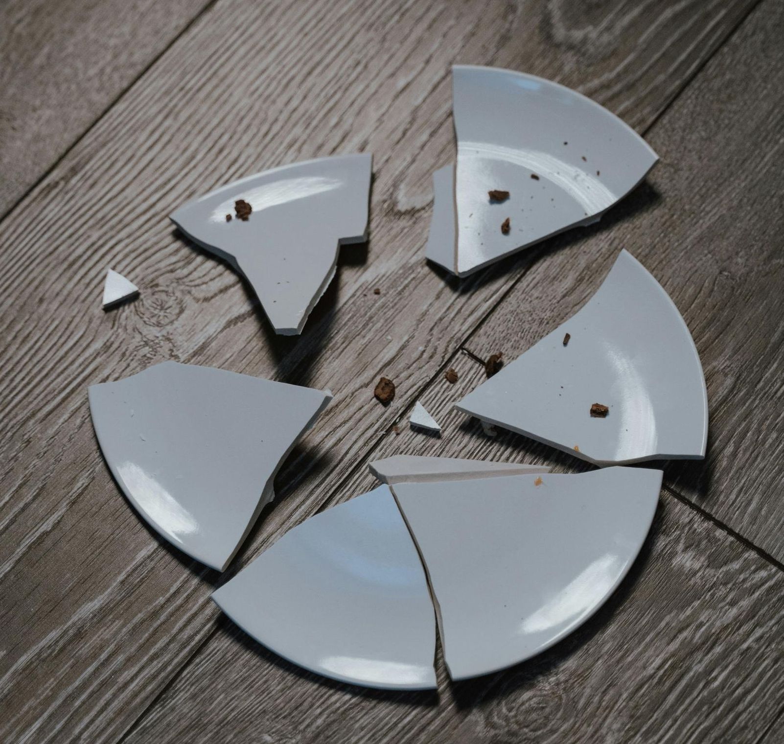 Un piatto di ceramica bianca rotto, con frammenti sparsi, giace su un pavimento di legno scuro.