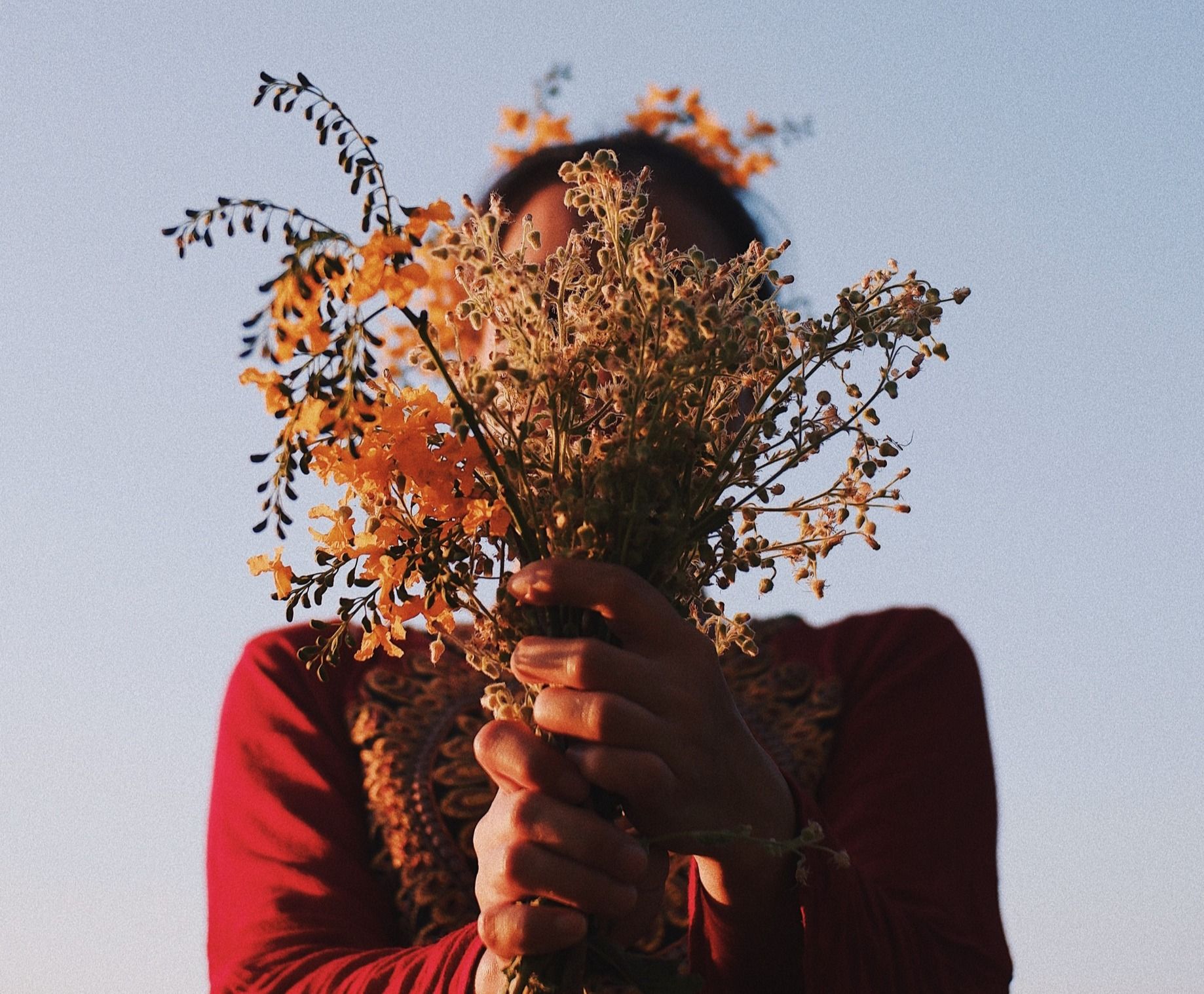 Una persona con indosso una maglietta rossa tiene davanti al viso un mazzo di fiori selvatici gialli e secchi, sullo sfondo di un cielo azzurro.