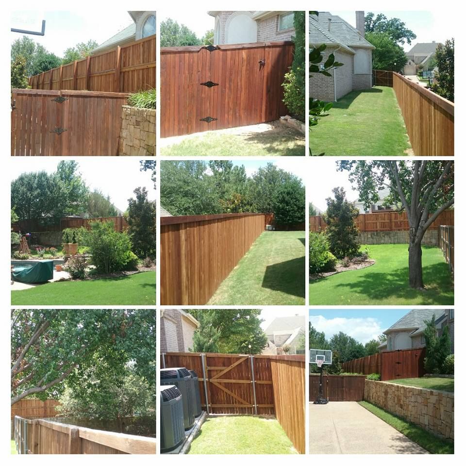 A collage of pictures of a wooden fence in a backyard