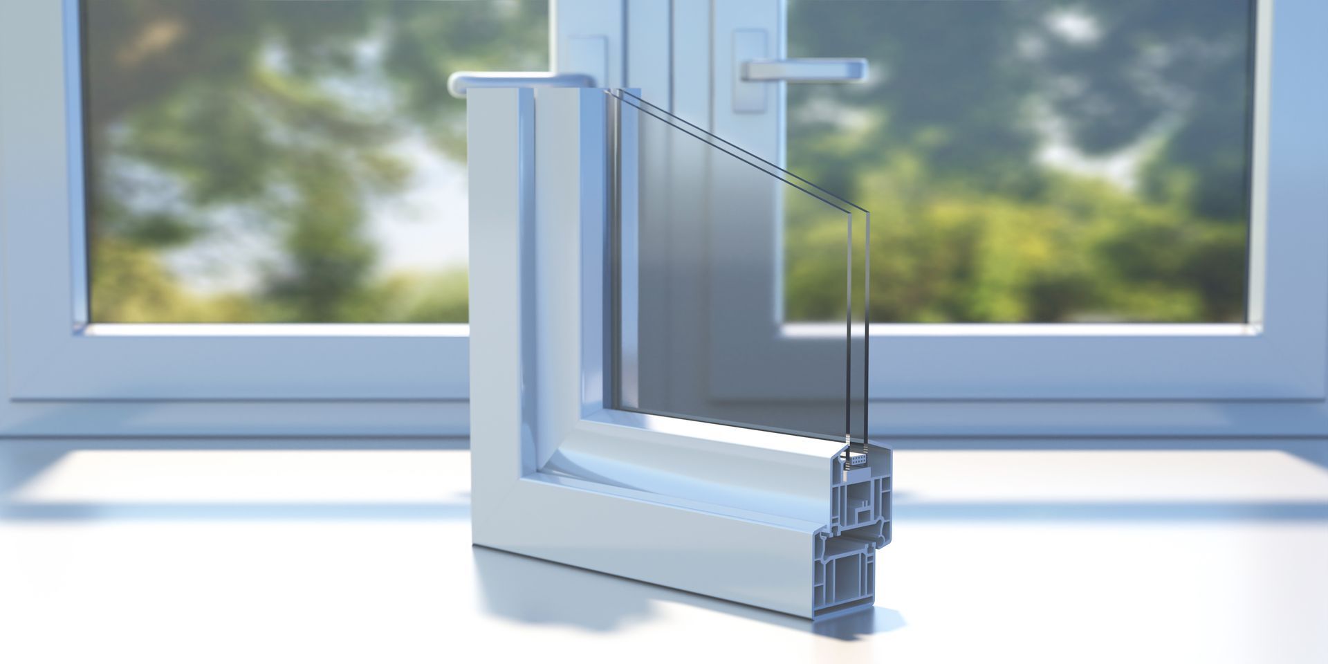 Close look at a cross-section of a double-glazed window with a full window behind.