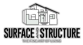 Logo for Surface and Structure with a black-and-white house illustration and the tagline “The Fine Art of Living”