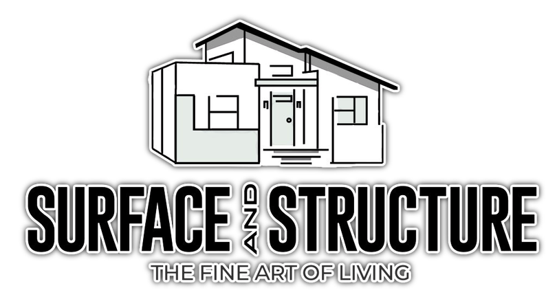 Logo for Surface and Structure with a black-and-white house illustration and the tagline “The Fine Art of Living”