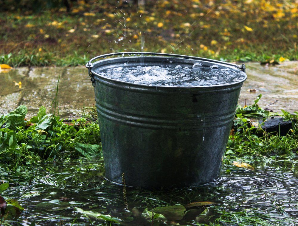 Rain falling into a metal bucket filled with water, sitting outside.