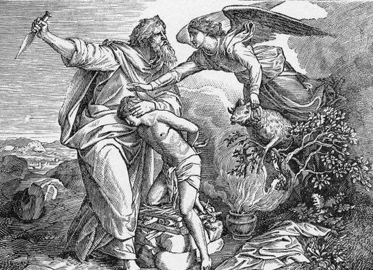 Abraham prepares to sacrifice Isaac; an angel intervenes. Dramatic scene outdoors.